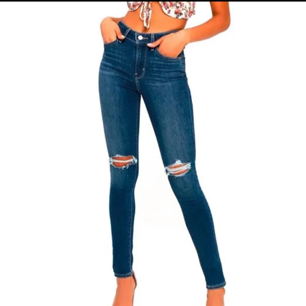Levi 721 High Rise Dark Wash Distressed Skinny Jeans